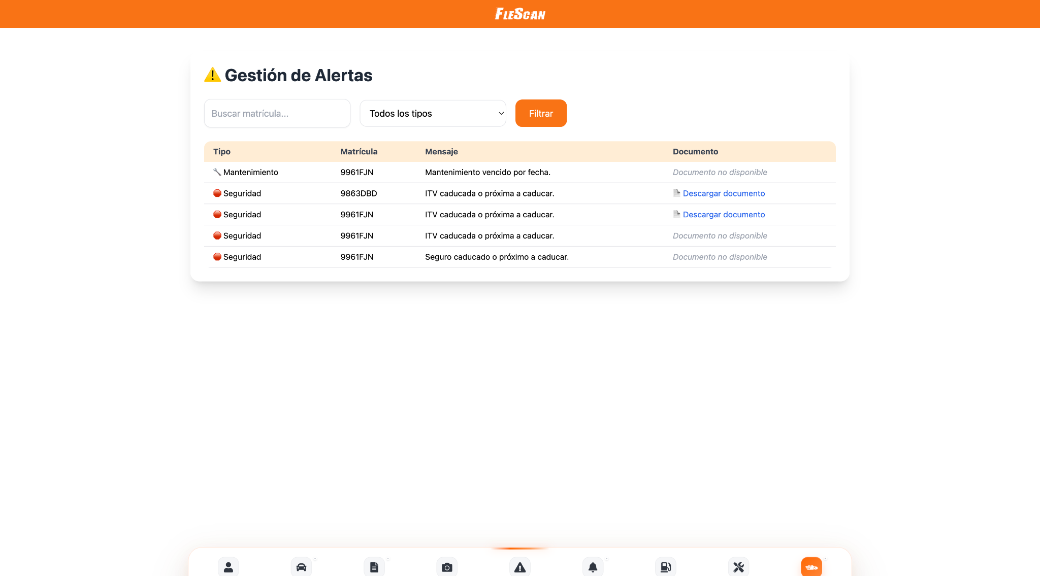 Alertas de mantenimiento, ITV y seguros dentro del software de gestión de flotas FleScan
