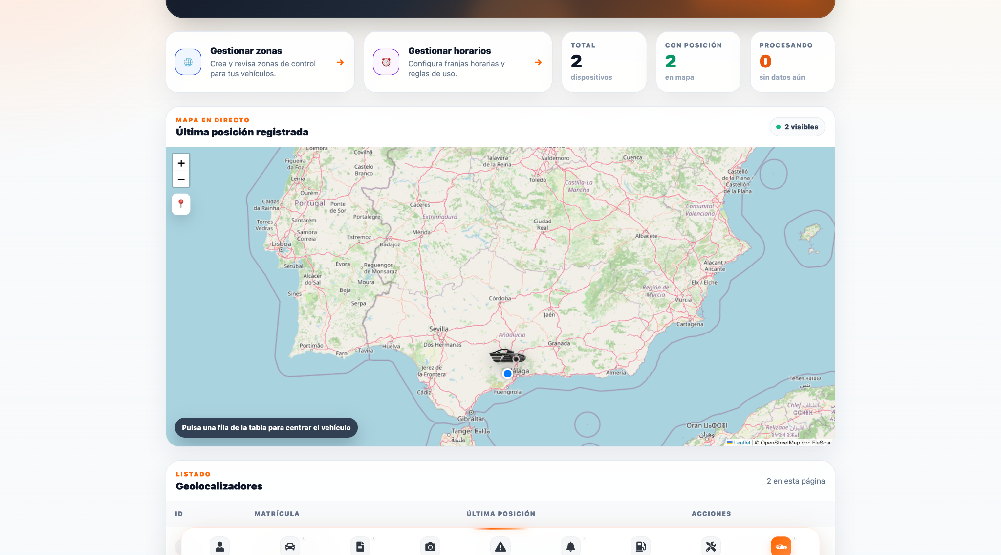 Geolocalización GPS de vehículos de empresa en el mapa de FleScan